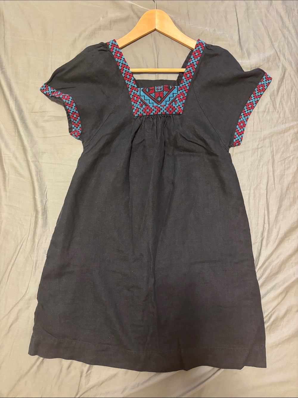 Anthropologie Black Dress with Blue & Red Embroidered Trim